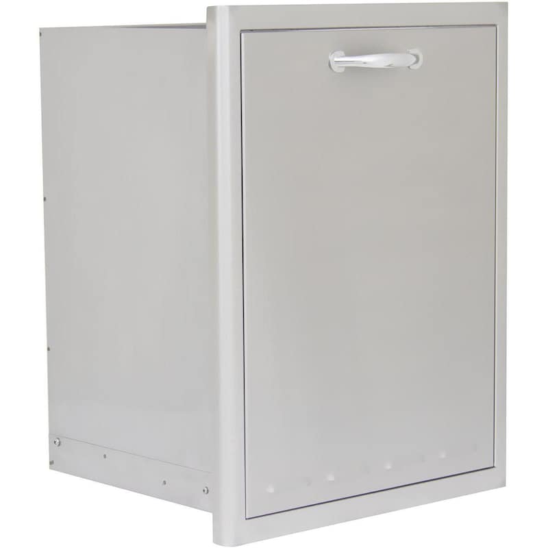 Stainless steel roll-out trash drawer front panel with pull handle
