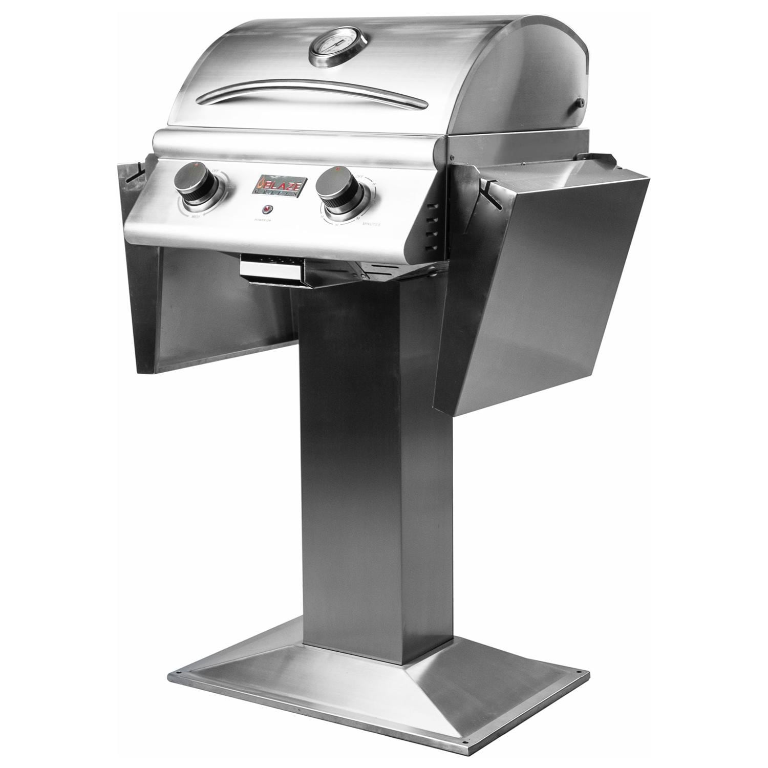 Electric pedestal grill with side shelves and control knobs, stainless steel body