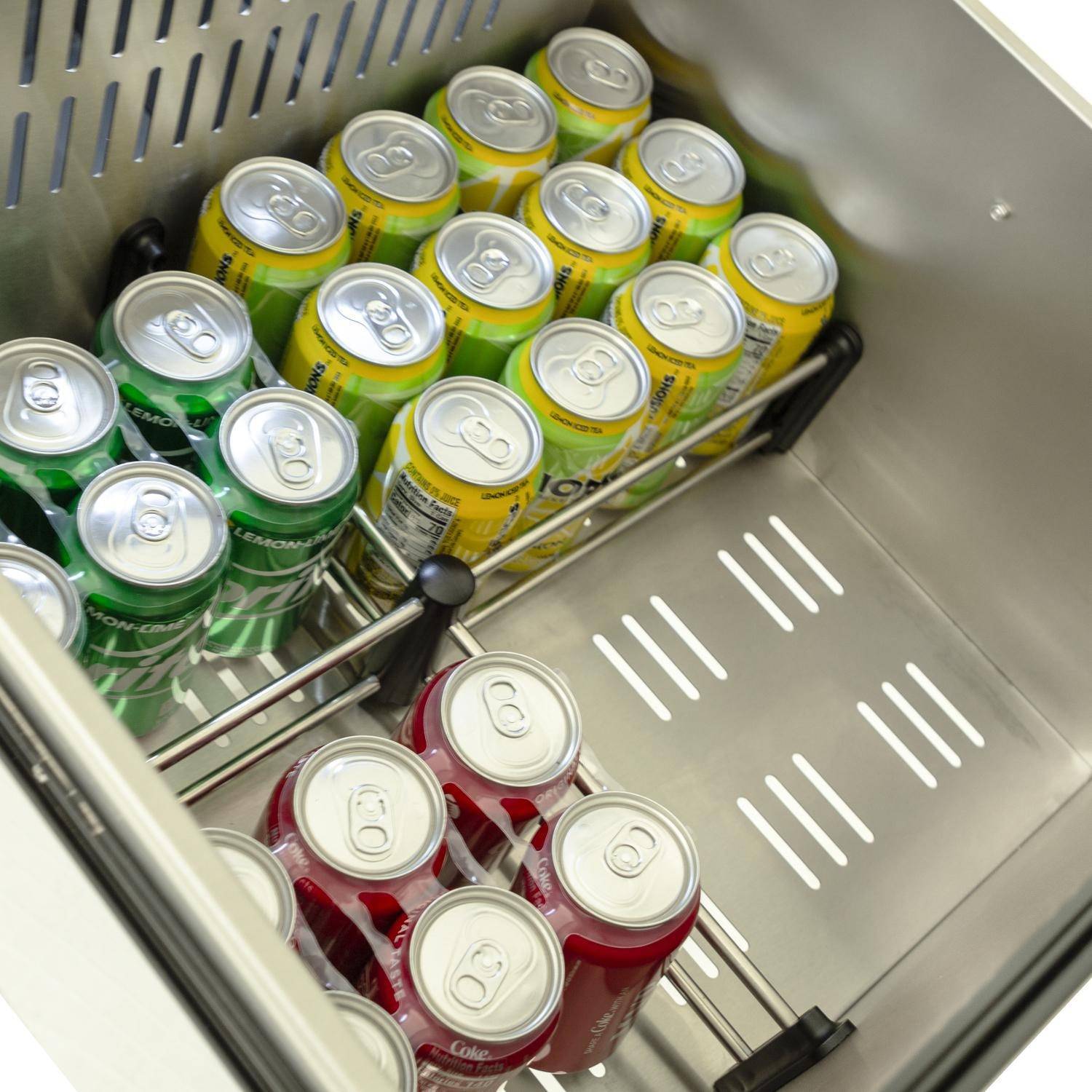 Open outdoor refrigerator drawer with stacked soda cans and adjustable racks