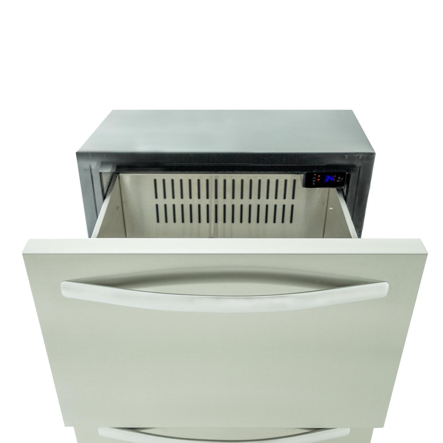 Open drawer interior of stainless outdoor refrigerator with vent grille and display