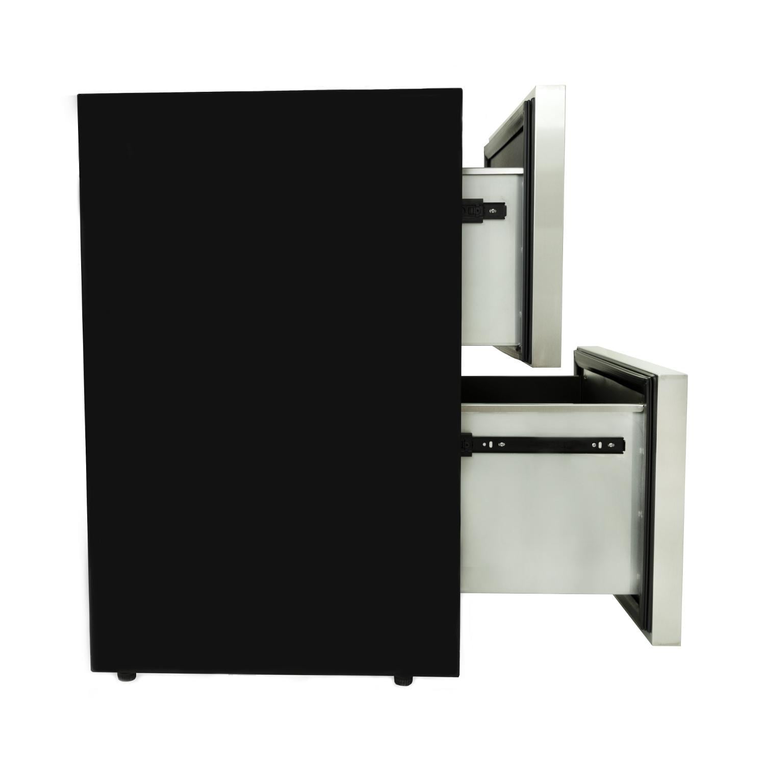 Outdoor-rated double-drawer refrigerator with black exterior, open stainless drawers
