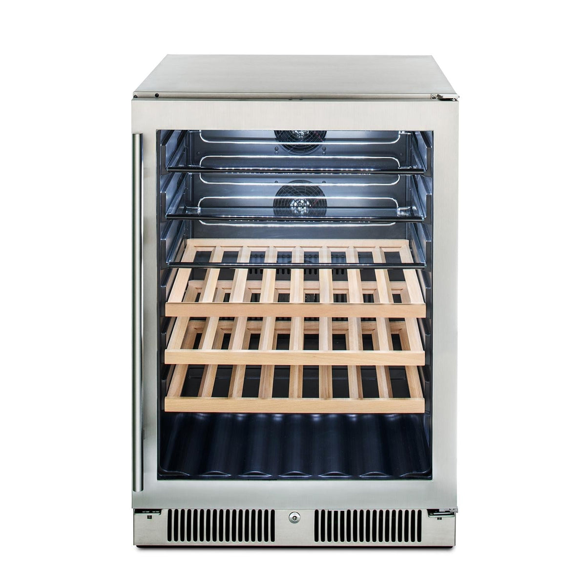 Stainless steel beverage center cabinet with wood slat shelf and interior racks