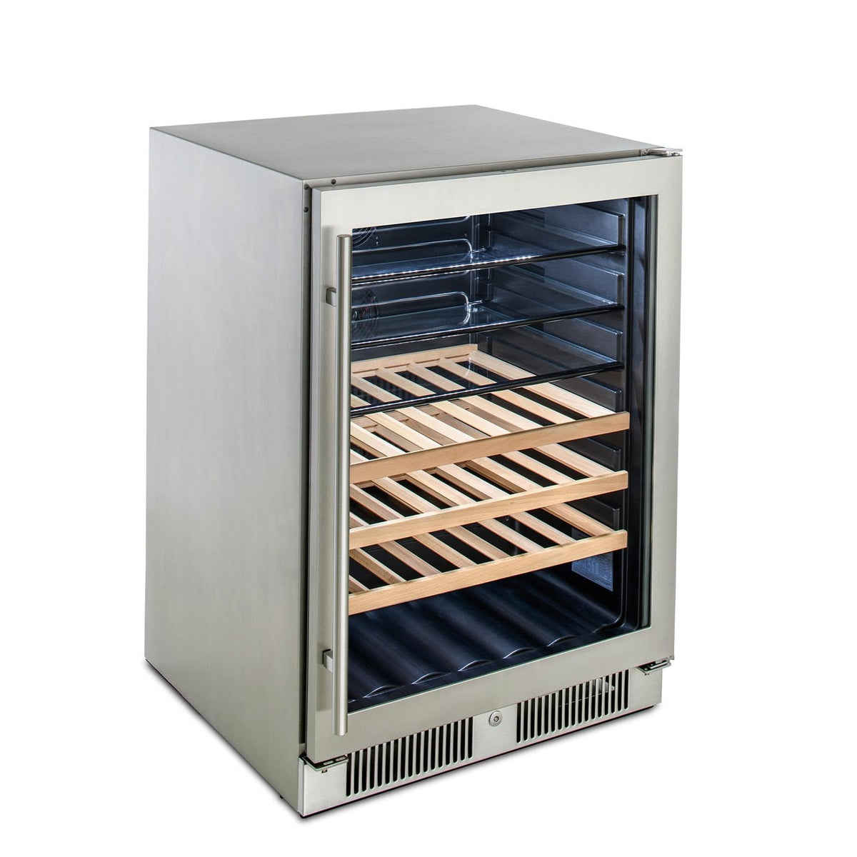 Stainless outdoor beverage cooler with door closed, wooden bottle rack shelves visible.