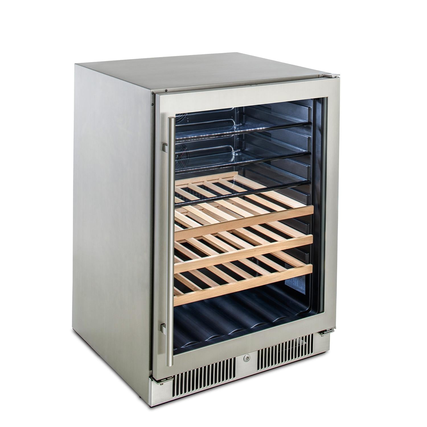 Stainless beverage center cabinet with open door and wooden bottle rack shelves