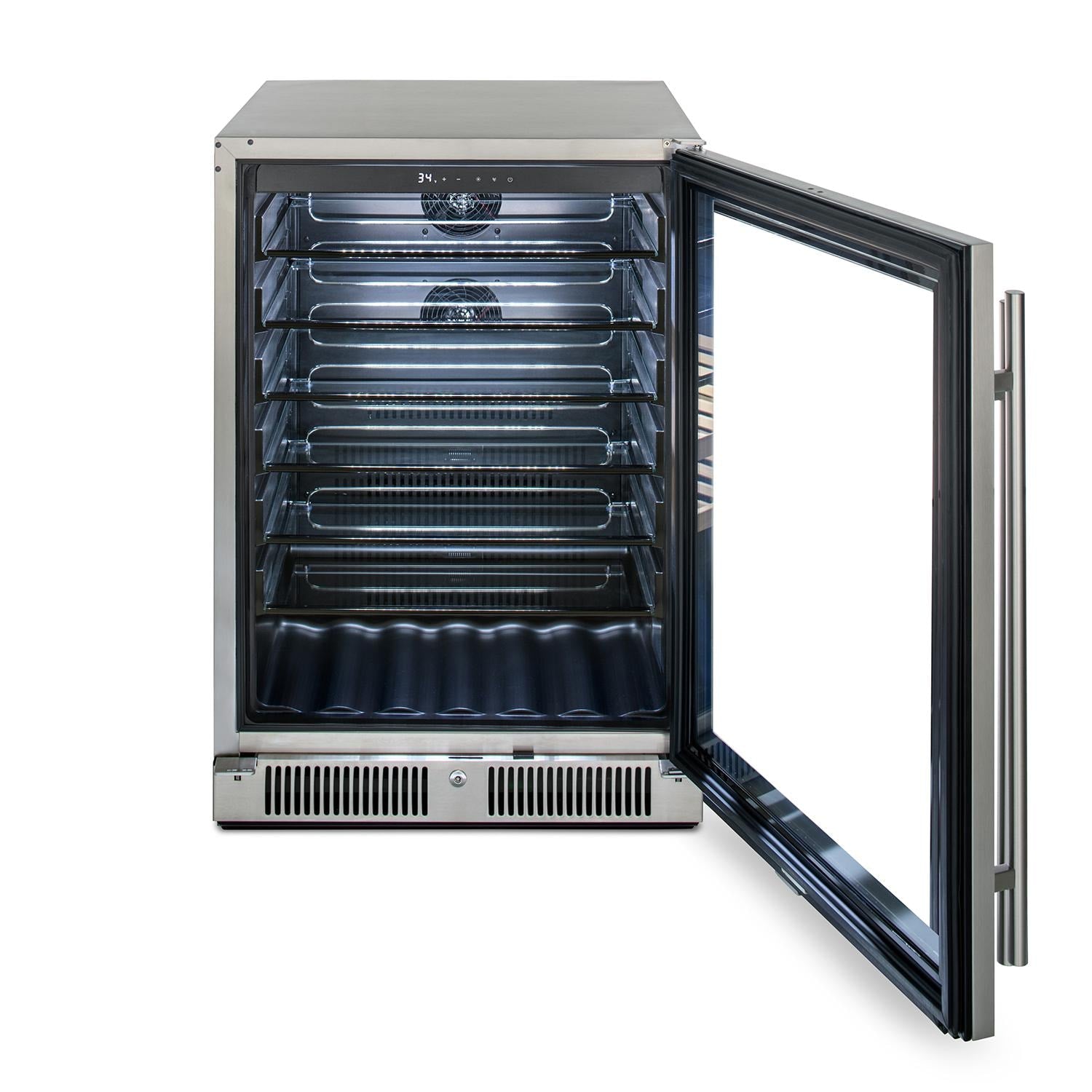 Built-in beverage center with open stainless door, internal racks and warming elements