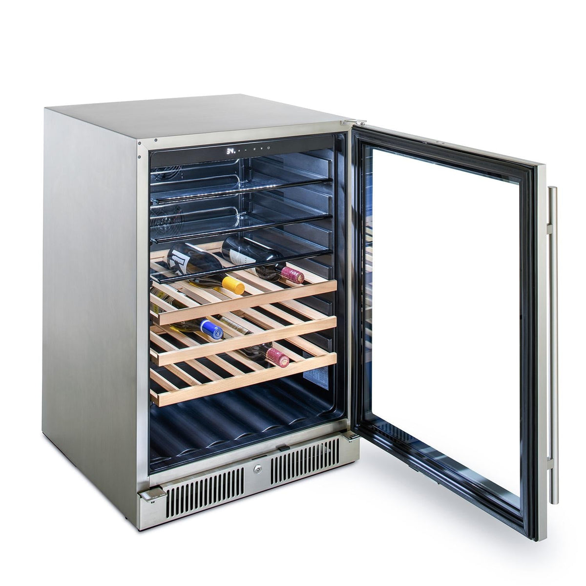 Outdoor beverage cooler with open door, wooden bottle rack shelves, and interior lighting.