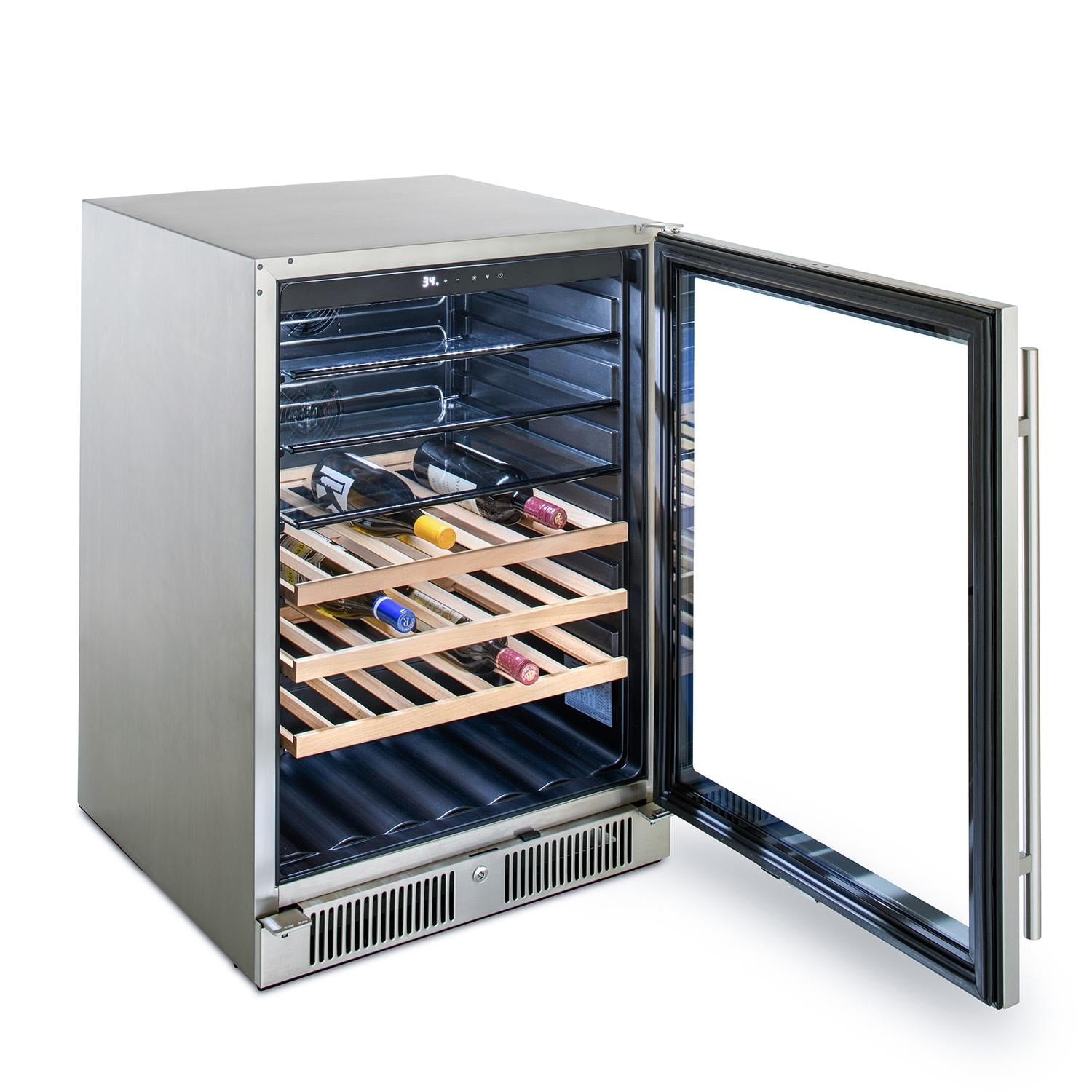 Stainless beverage center with open door and bottles on wooden rack shelves