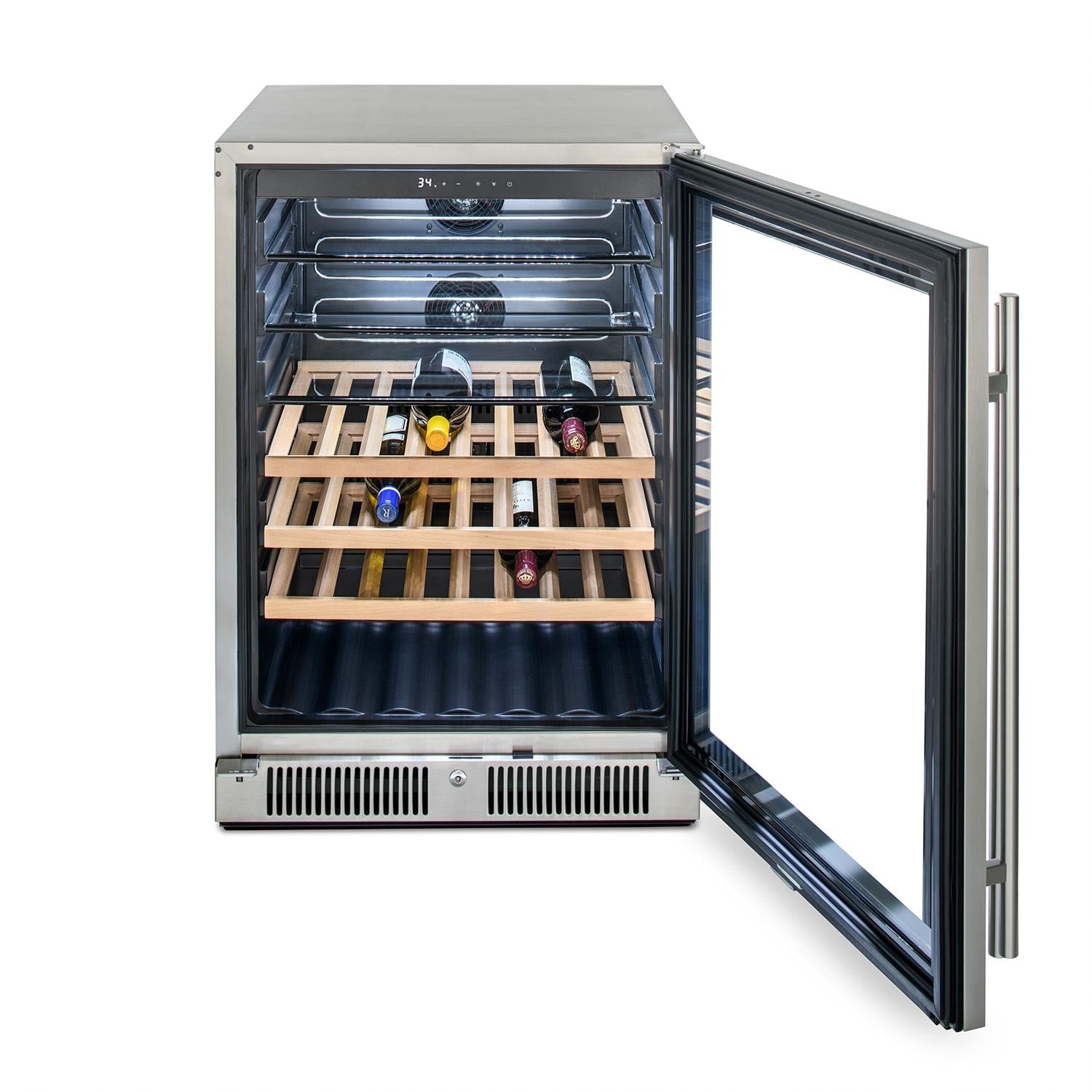 Built-in stainless beverage center with bottles on wooden racks, open door