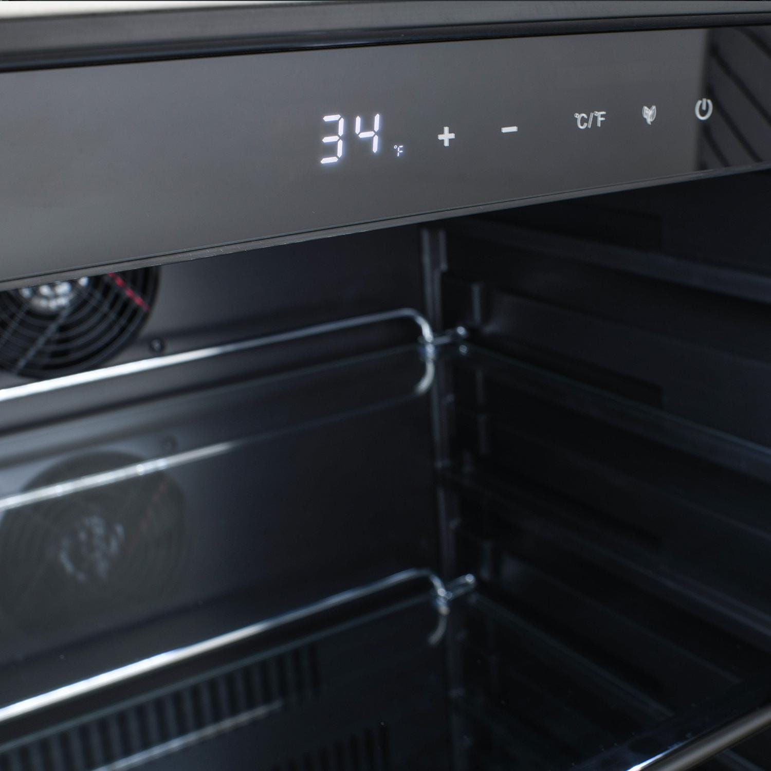 Refrigerator control panel showing 34°F with temperature and power icons