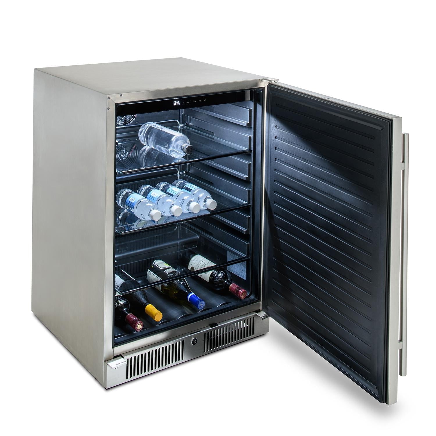 Stainless refrigerator with open door, displaying bottles and cans on wire racks