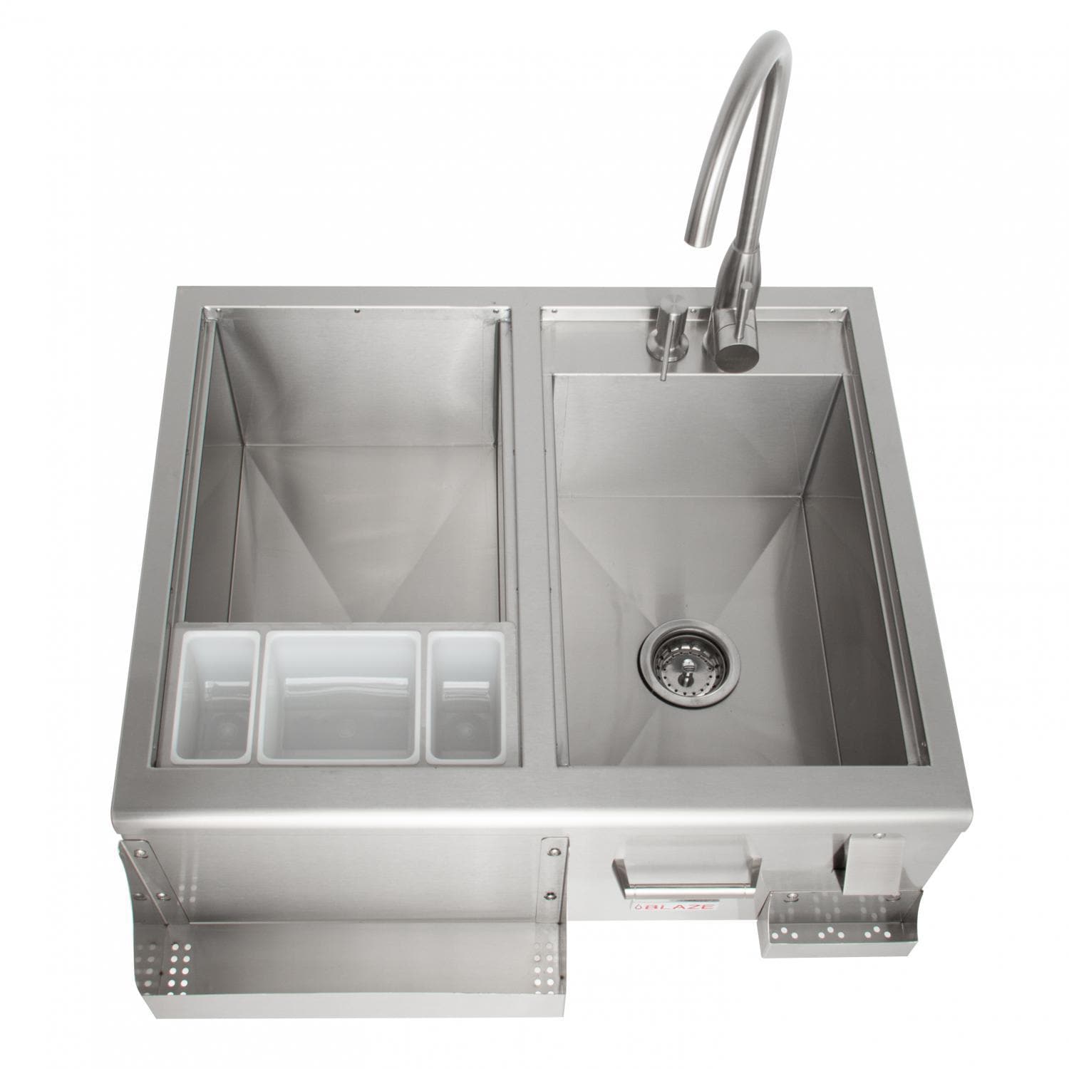 Stainless steel beverage center with open ice bin and double sink compartments