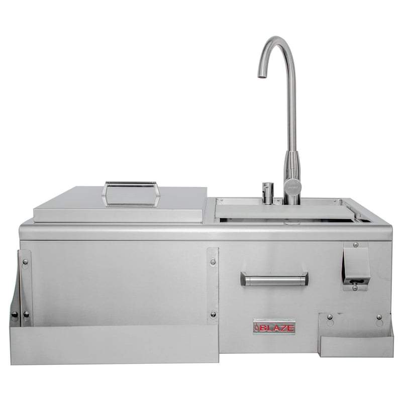 Stainless steel beverage center with sink, faucet, and ice bin cooler