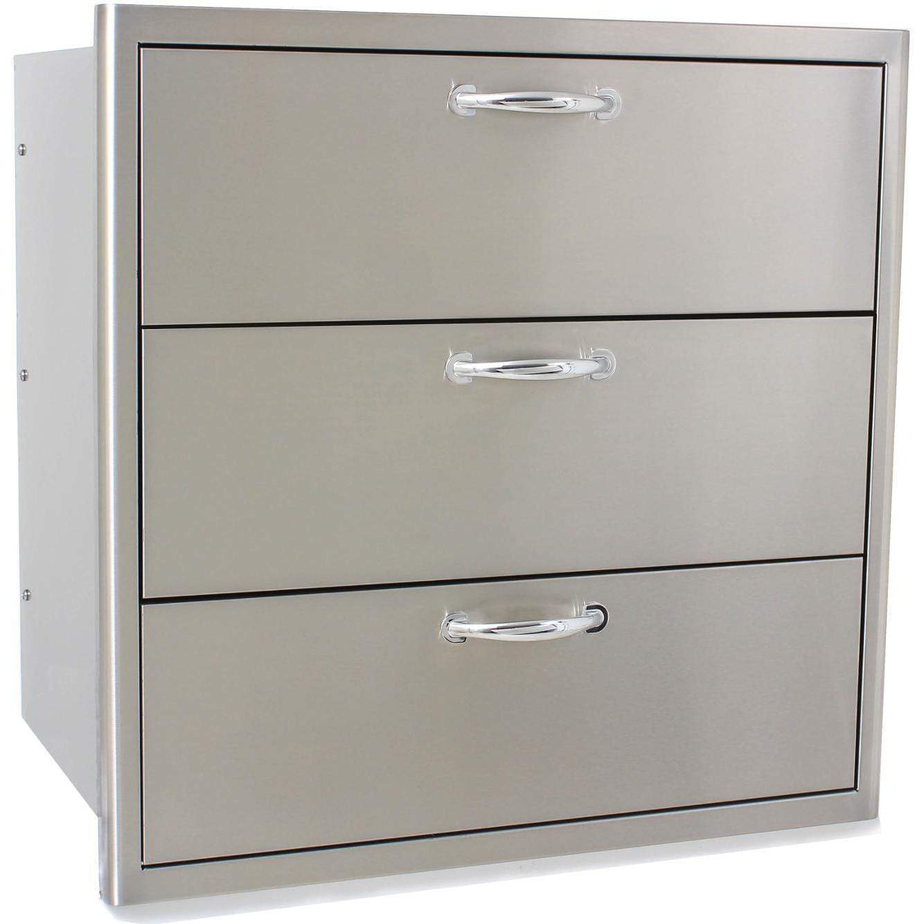 Triple drawer front panel with three chrome handles and divider lines