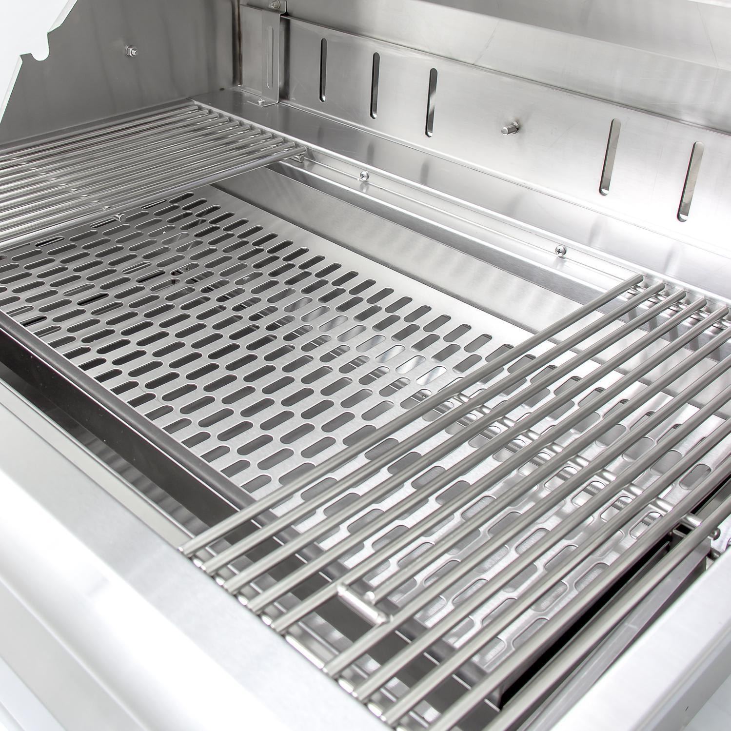 Built-in charcoal grill firebox with stainless steel cooking grate and drip channels