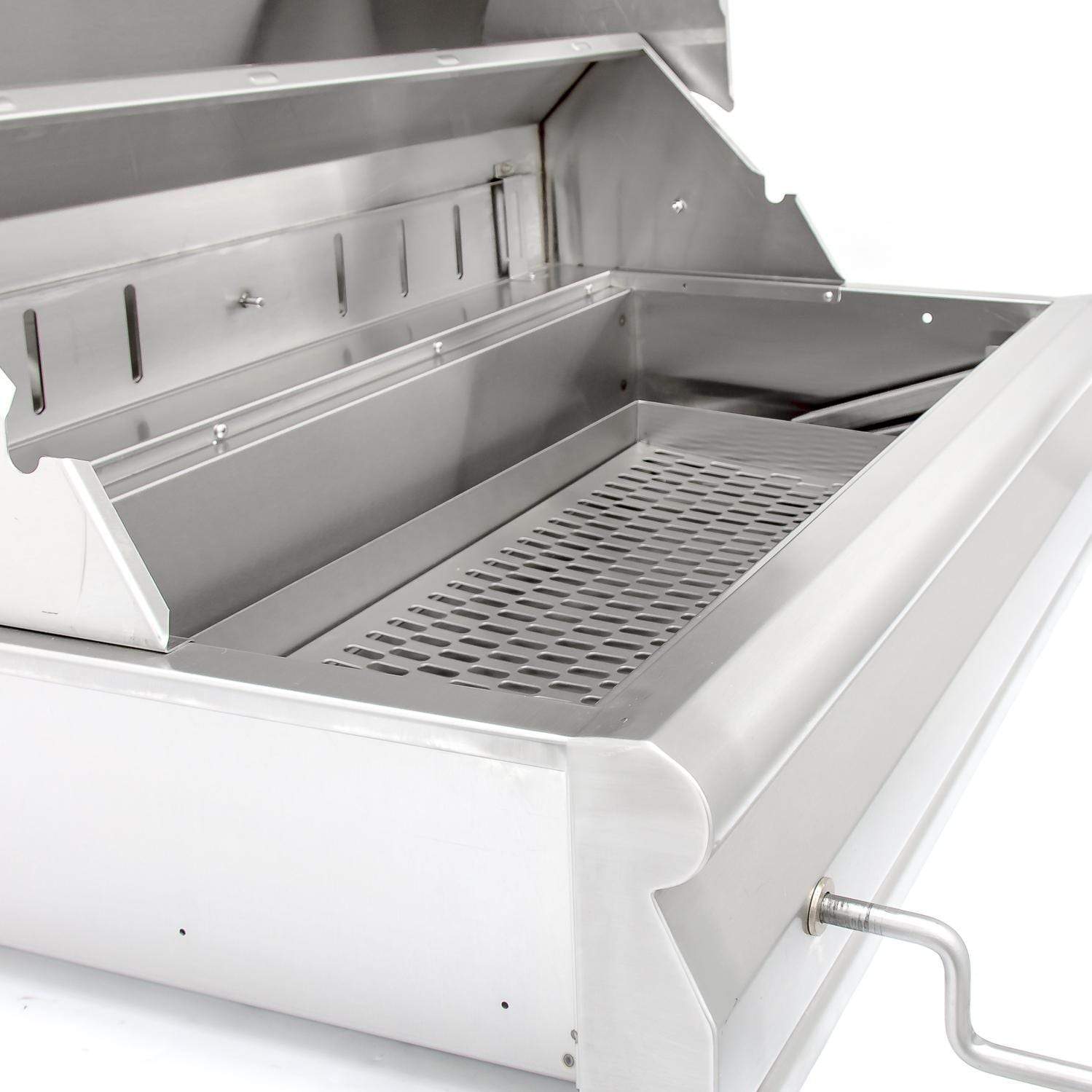 Open stainless steel charcoal grill with perforated cooking grate and side firebox walls