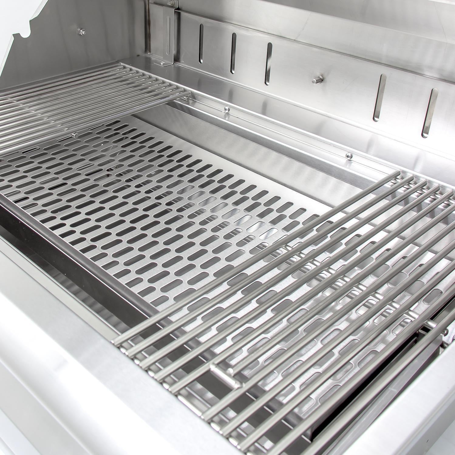 Stainless charcoal grill firebox with vented cooking grates and heat shield