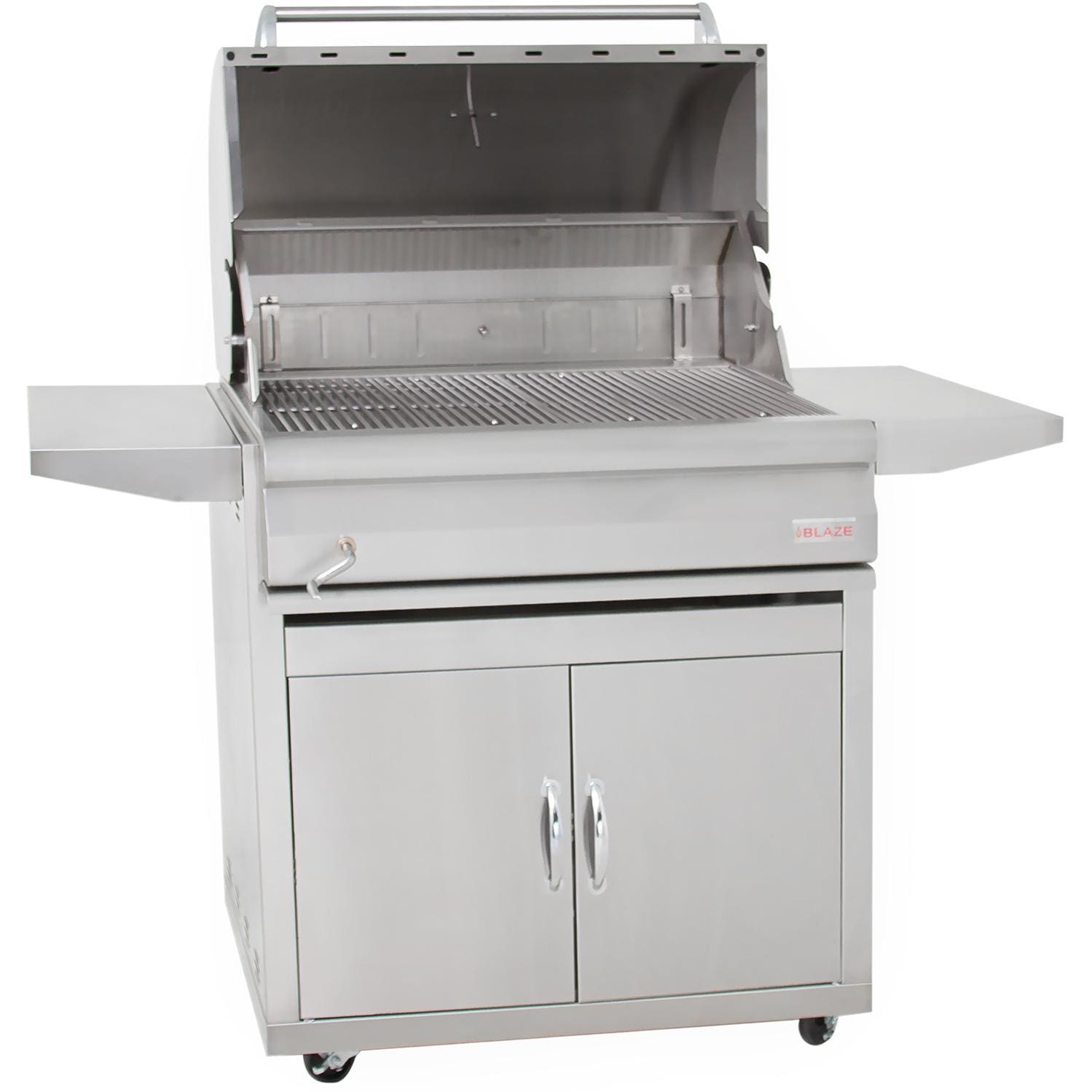 Open Blaze freestanding charcoal grill with two-door cabinet and cooking grate