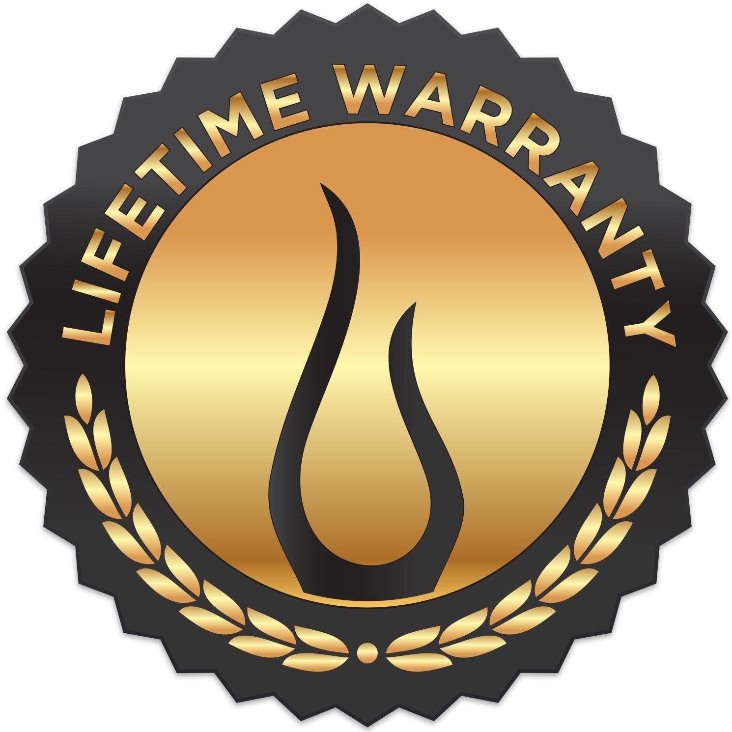 Flame-themed warranty badge emblem with 'LIFE WARRANTY' text