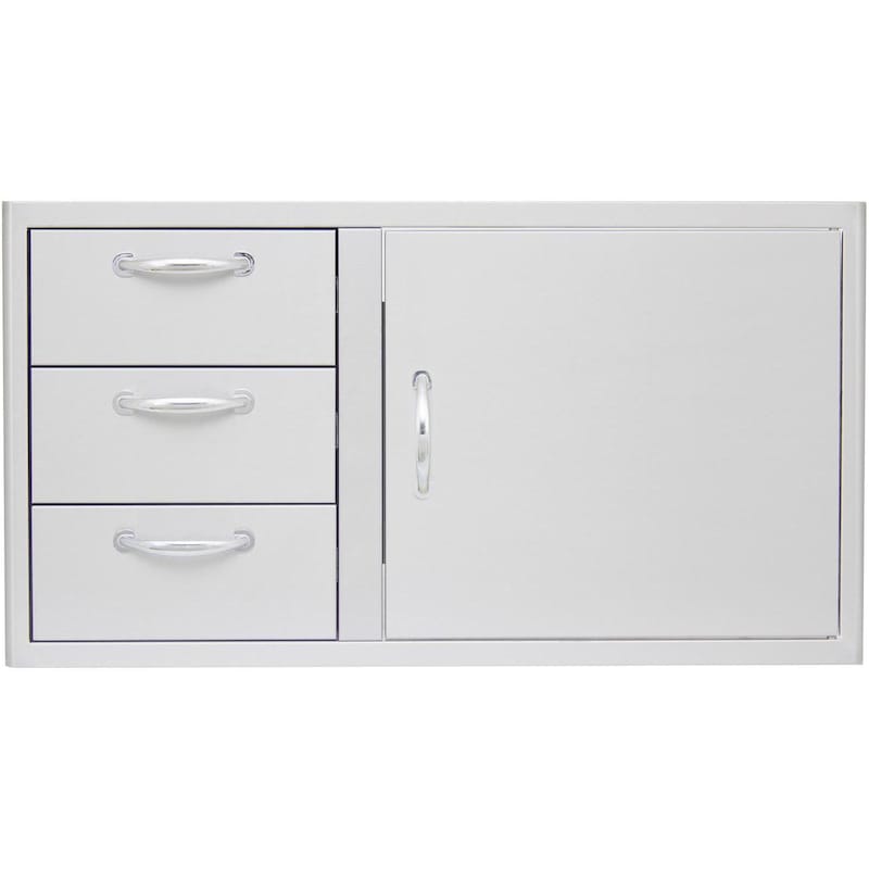 Stainless steel triple drawer cabinet with access door and handle