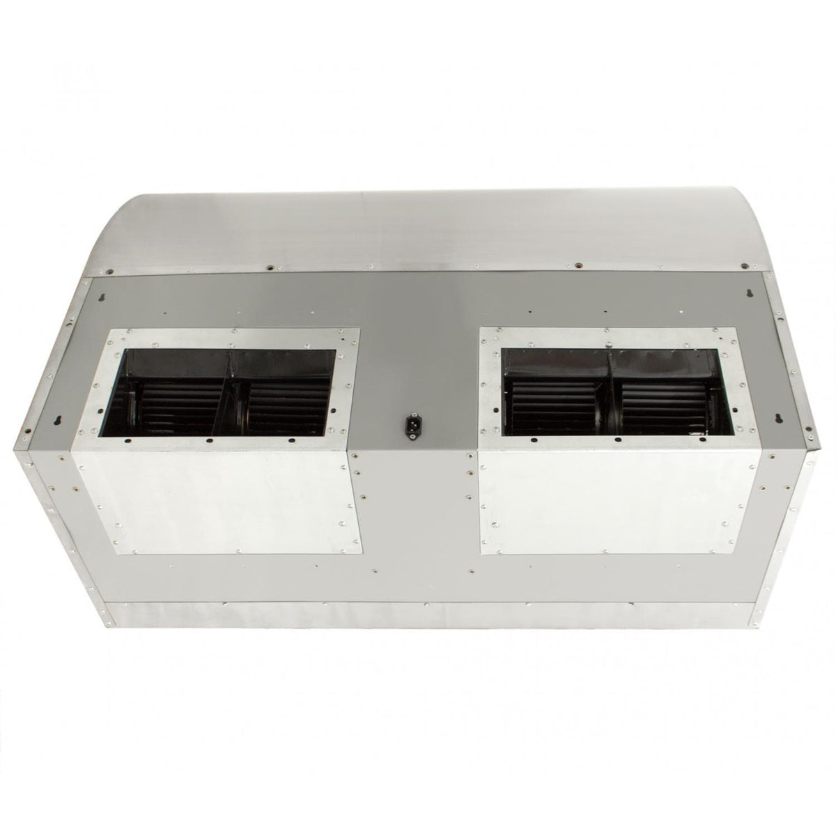 Stainless steel vent hood underside with two vent openings and mounting hardware