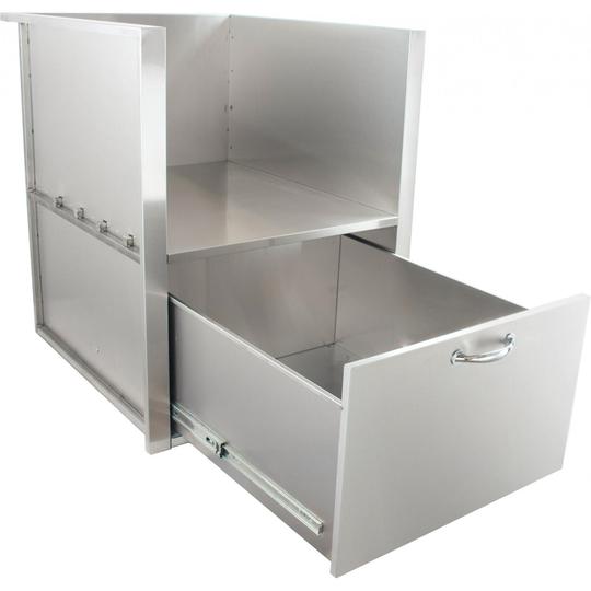White built-in side shelf with drawer pulled out and open storage compartment