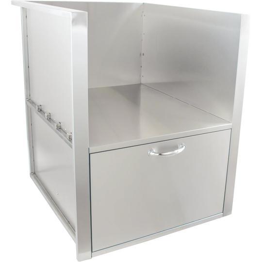 White built-in side shelf cabinet with open storage compartment and drawer