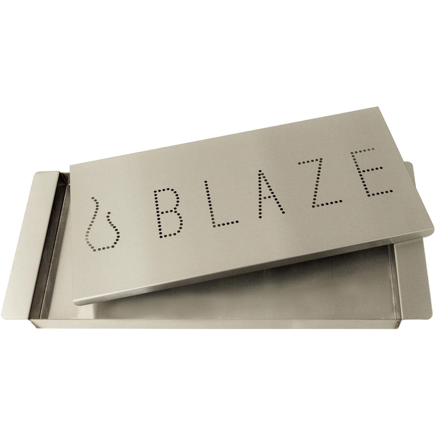 Extra large smoker box with lid partially open, metal tray exposed, dotted 'BLAZE'