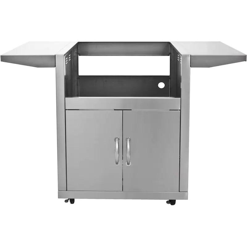 Stainless steel grill cart with two-door cabinet, centered handle, and side shelves