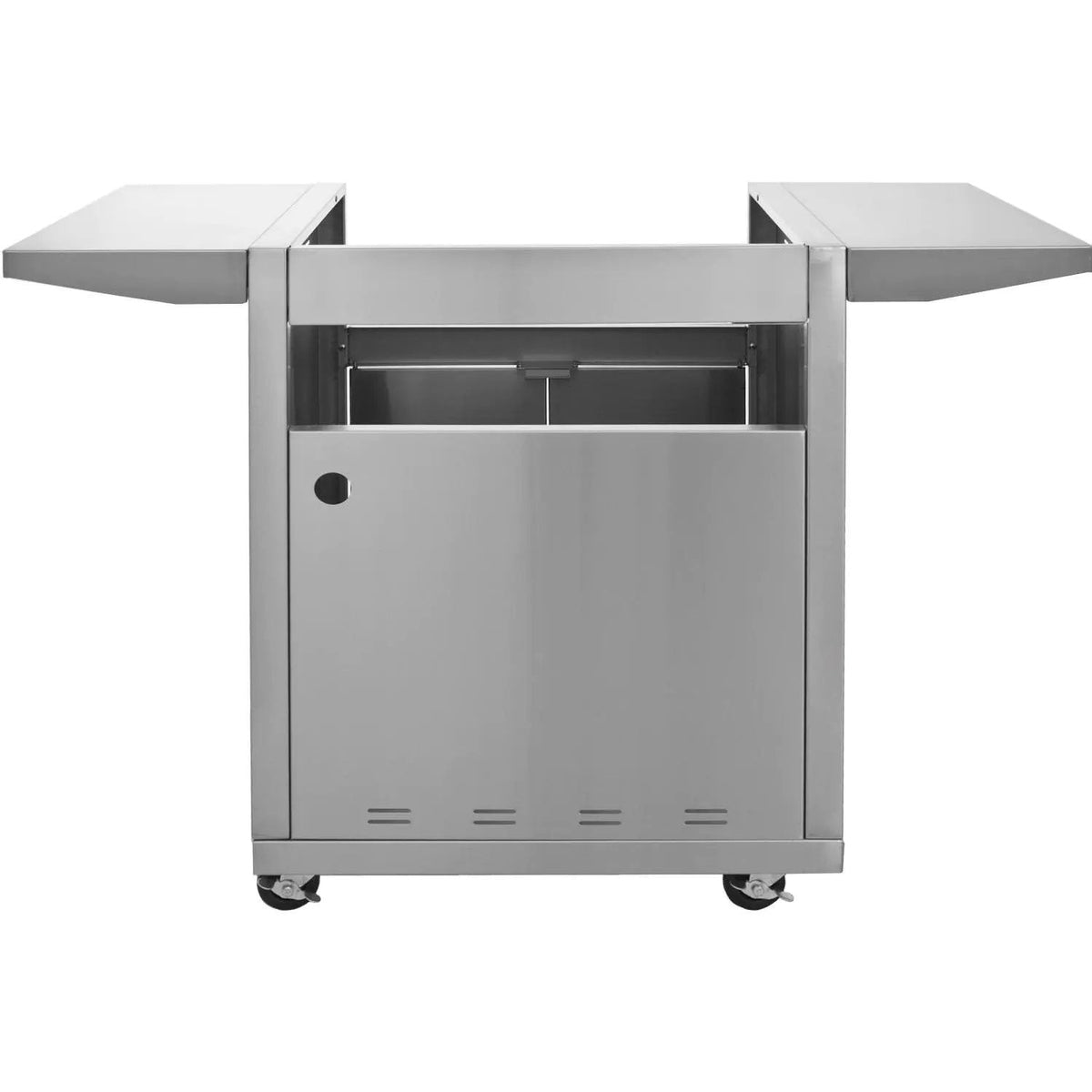 Stainless steel grill cart with open-front storage compartment and side shelves
