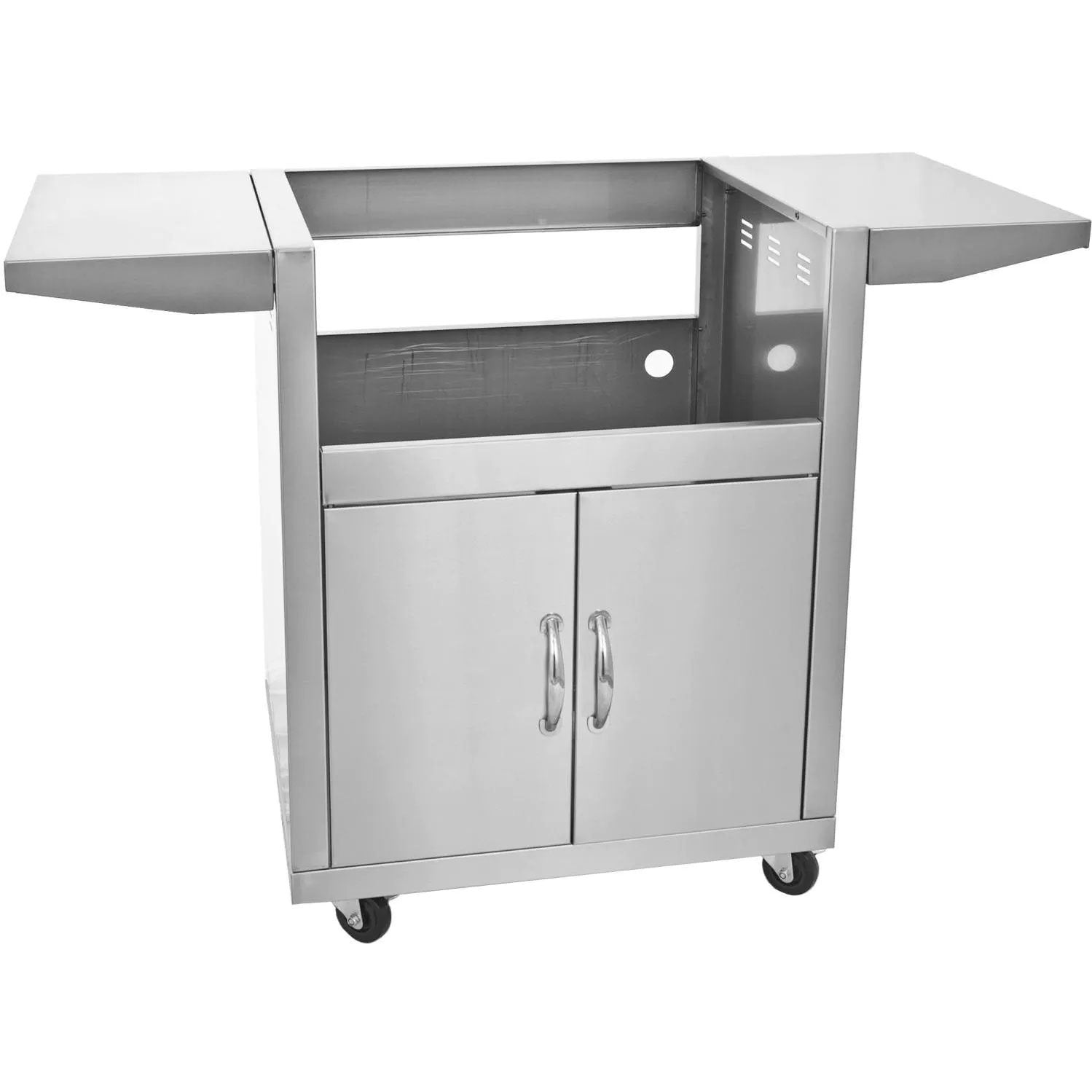 Stainless steel grill cart with two-door cabinet, side shelves, and caster wheels