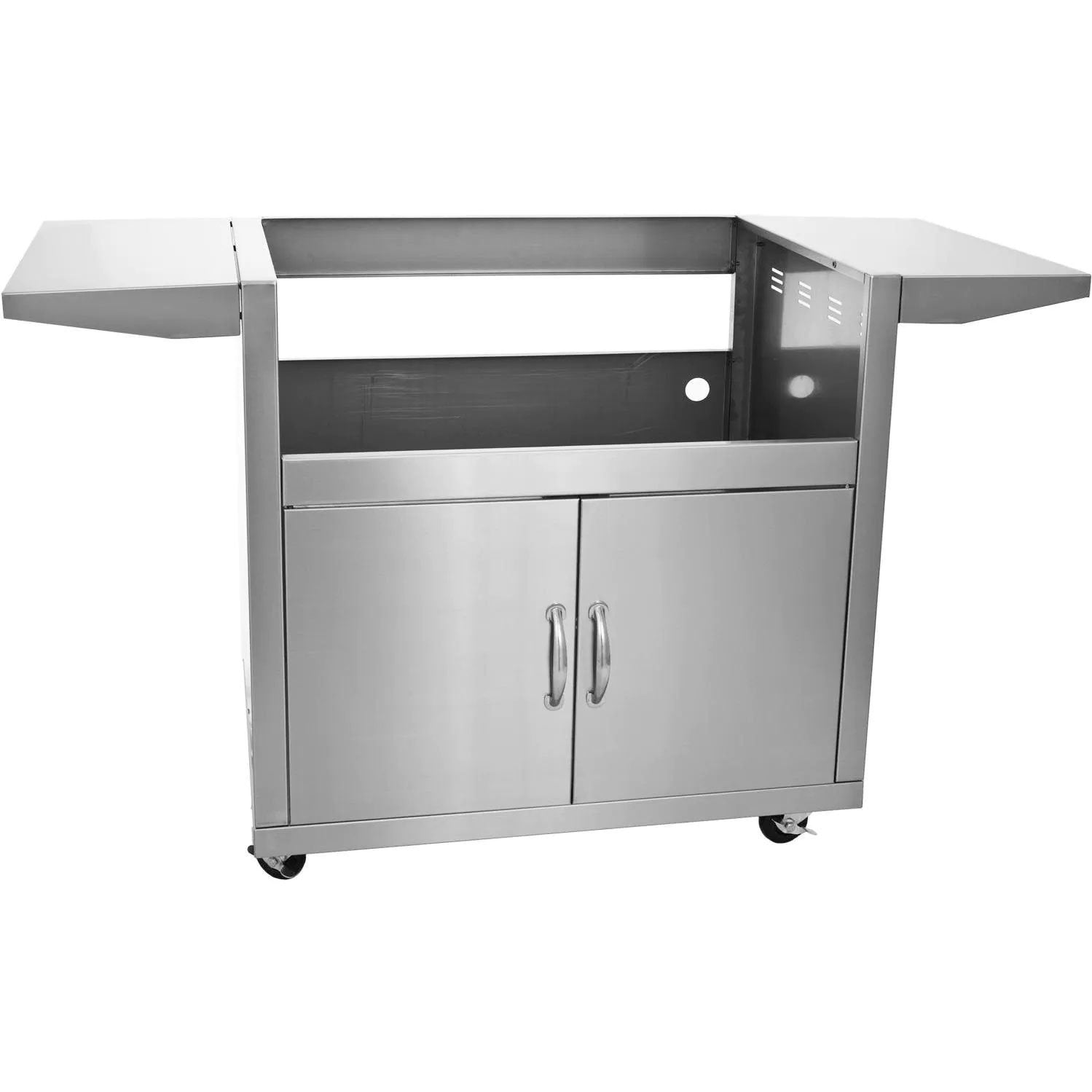 Stainless steel grill cart with double-door cabinet and front wheels