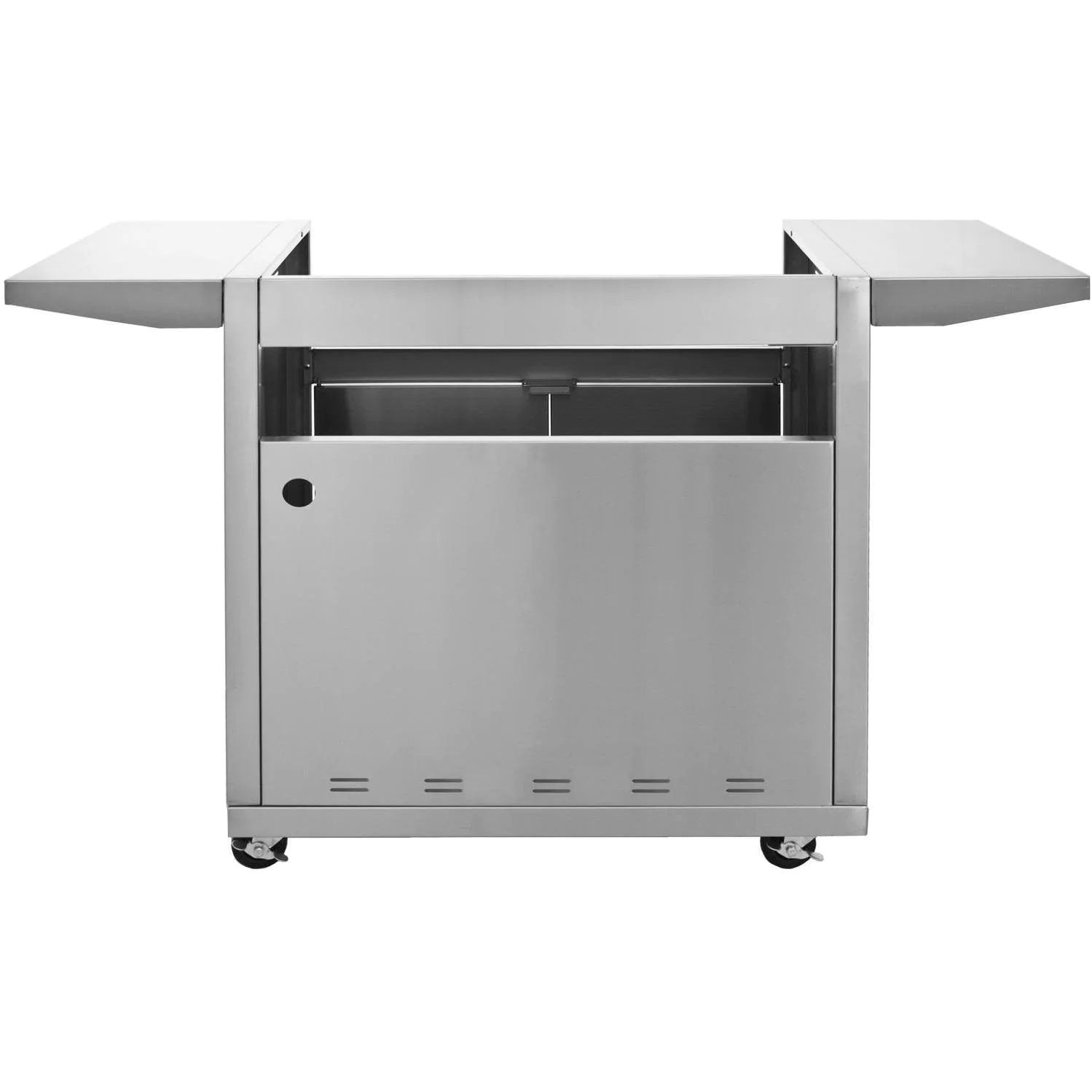 Stainless steel grill cart front view with open top and vented side panels