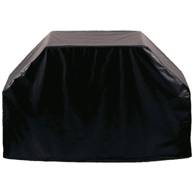 Black fitted grill cover with draped top for a 5-burner freestanding grill