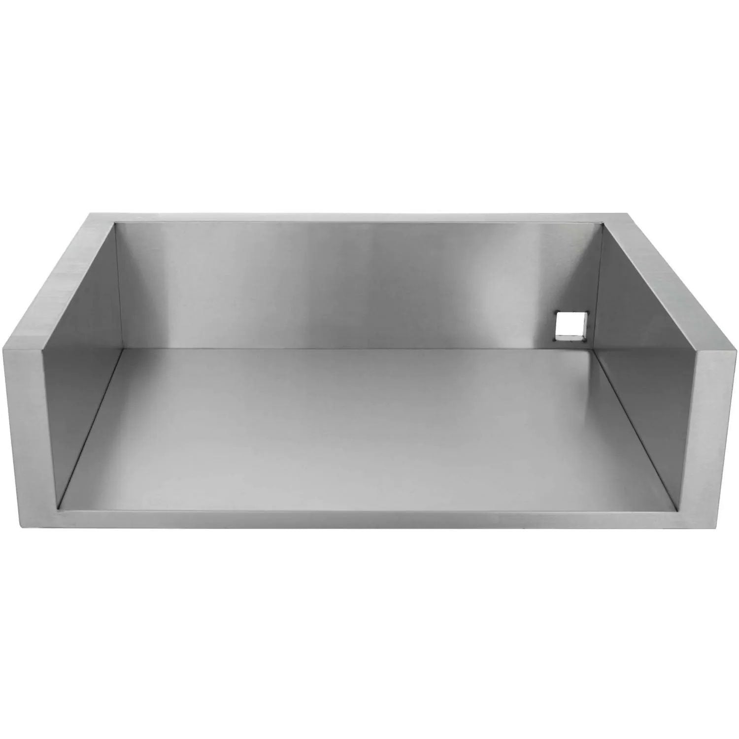 Stainless steel grill insert box with open top, side panels, and latch cutout