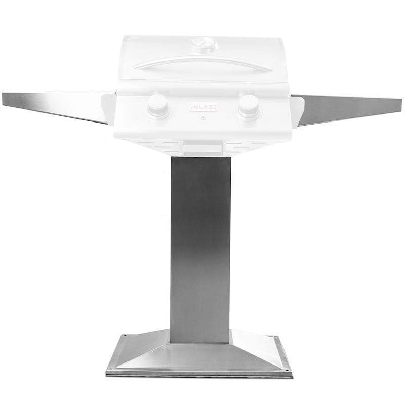 Pedestal grill base with side shelves and central black stand, silver tabletop