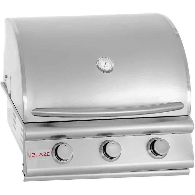Stainless steel built-in gas grill front panel with three control knobs and thermometer