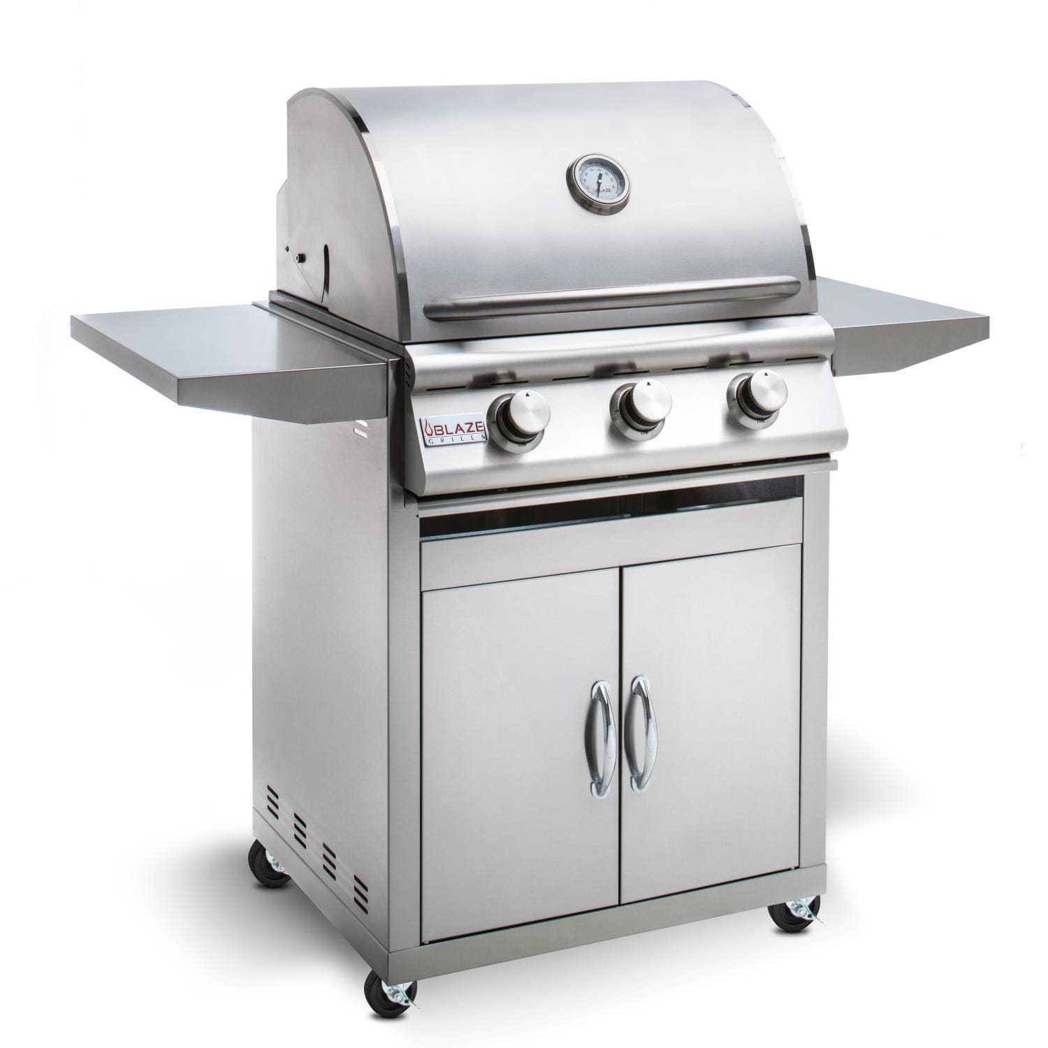 Freestanding 3-burner natural gas grill with stainless steel hood and side shelves