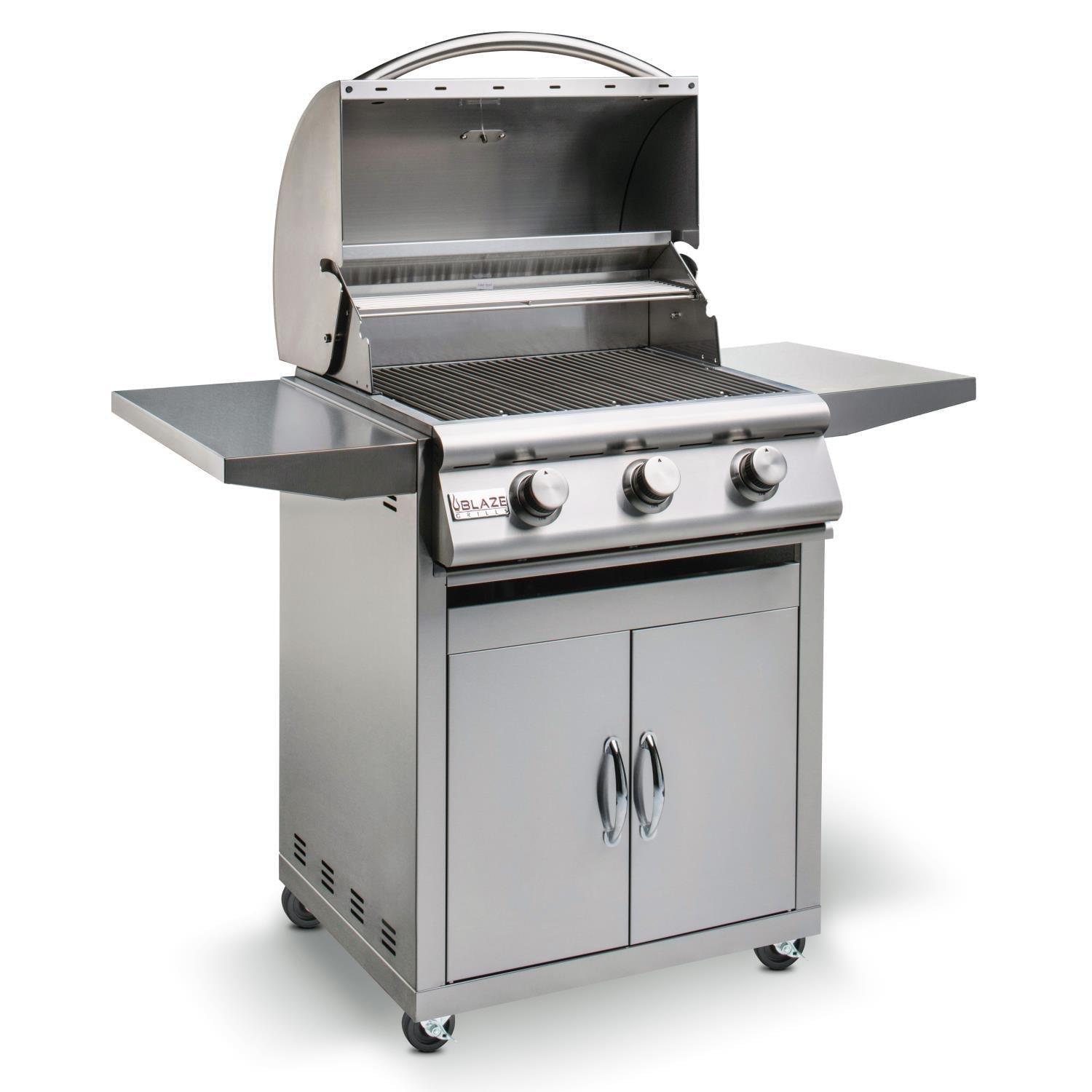 Freestanding 3-burner natural gas grill with open hood, side shelves, and cabinet doors