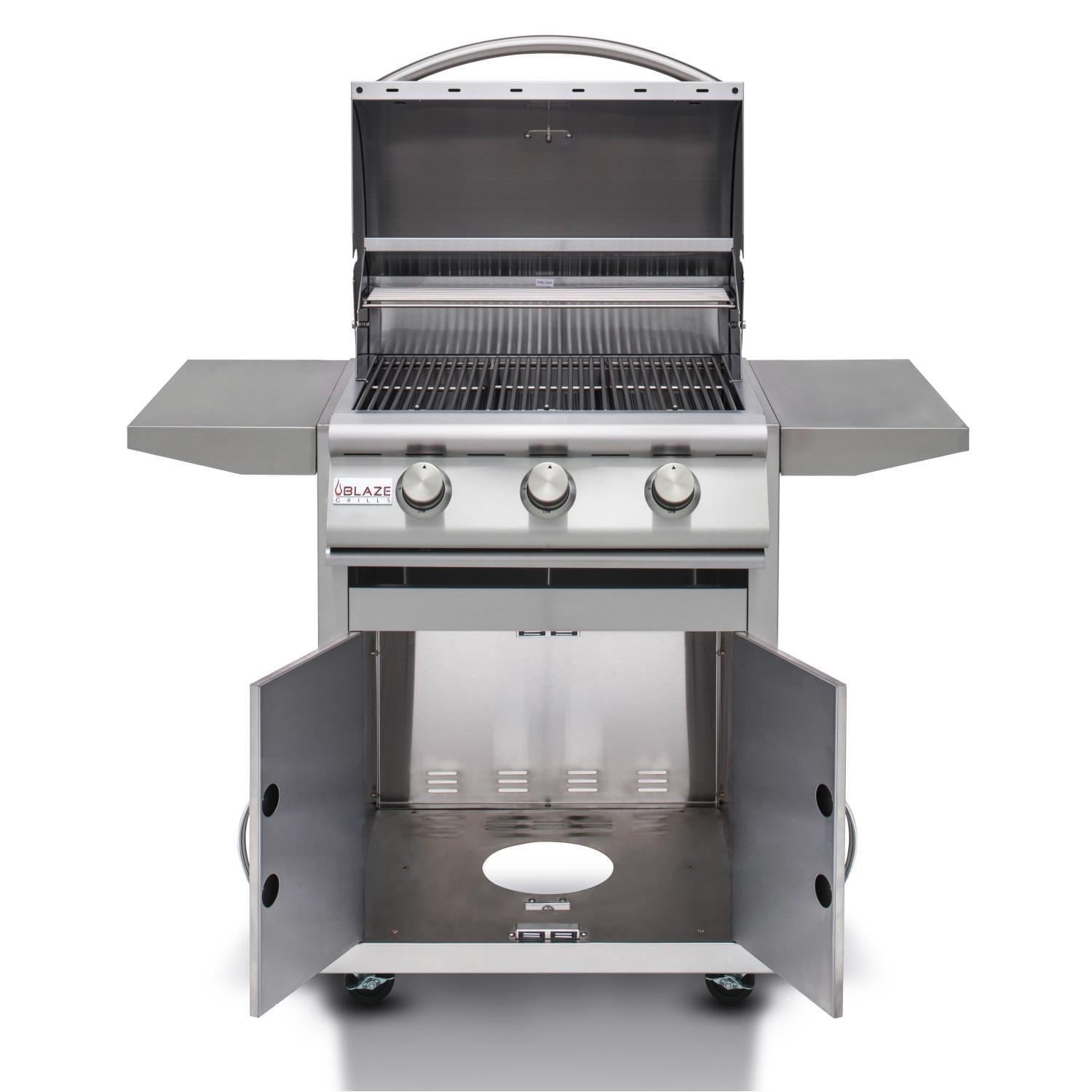 Open 3-burner grill with lid, metal grates, and front grease tray area