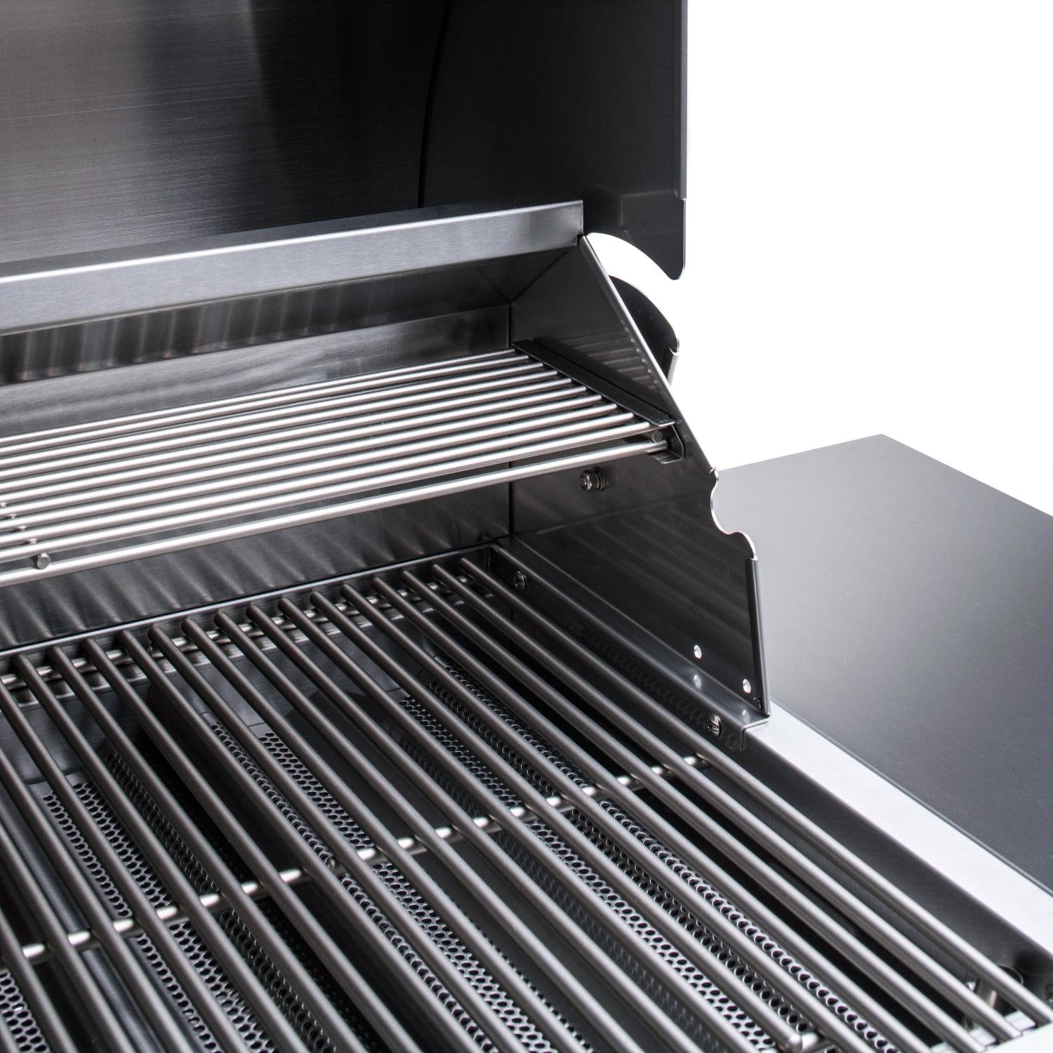 3-burner freestanding propane gas grill interior with stainless cooking grates and flame guard