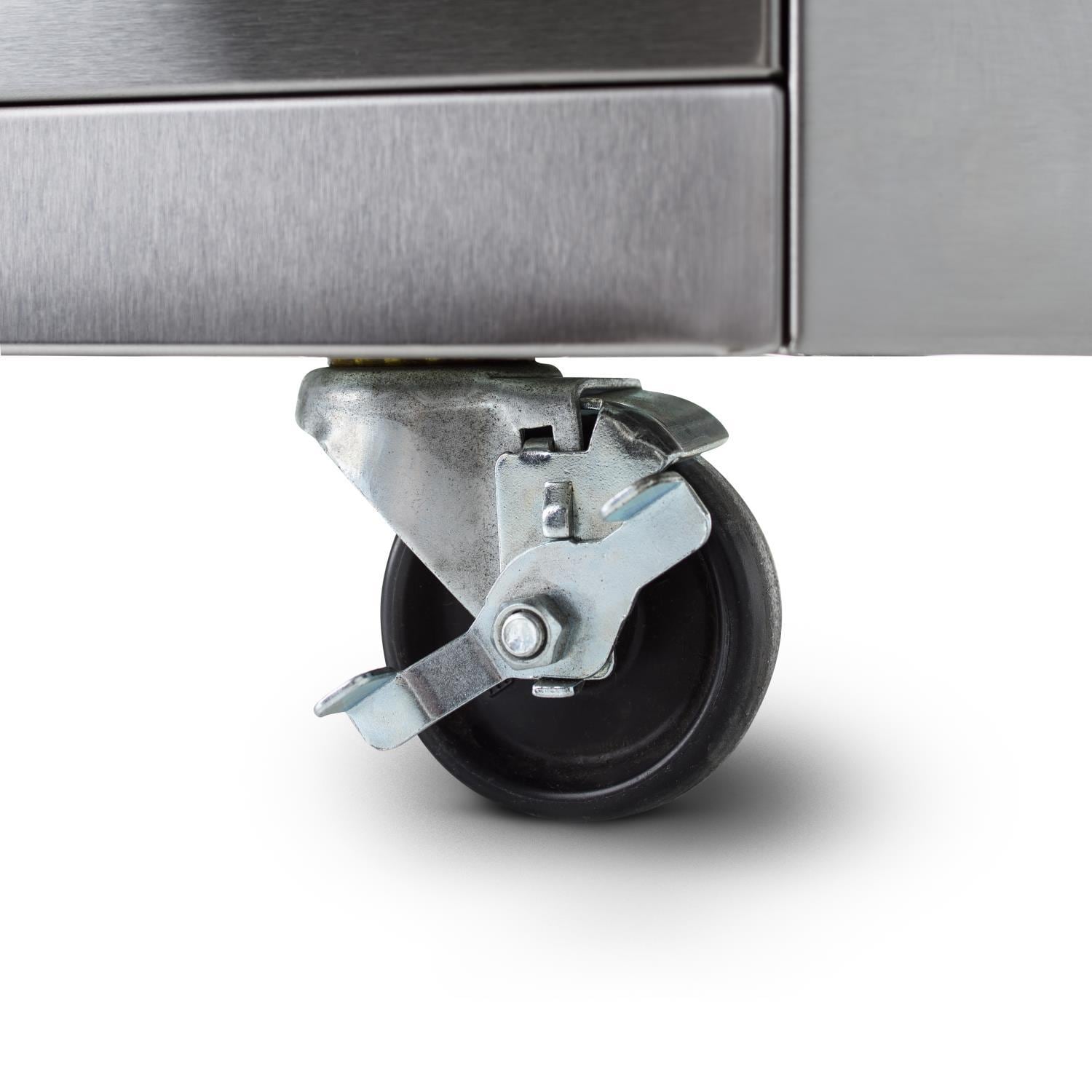 Swivel caster wheel with mounting bracket on stainless steel grill cabinet