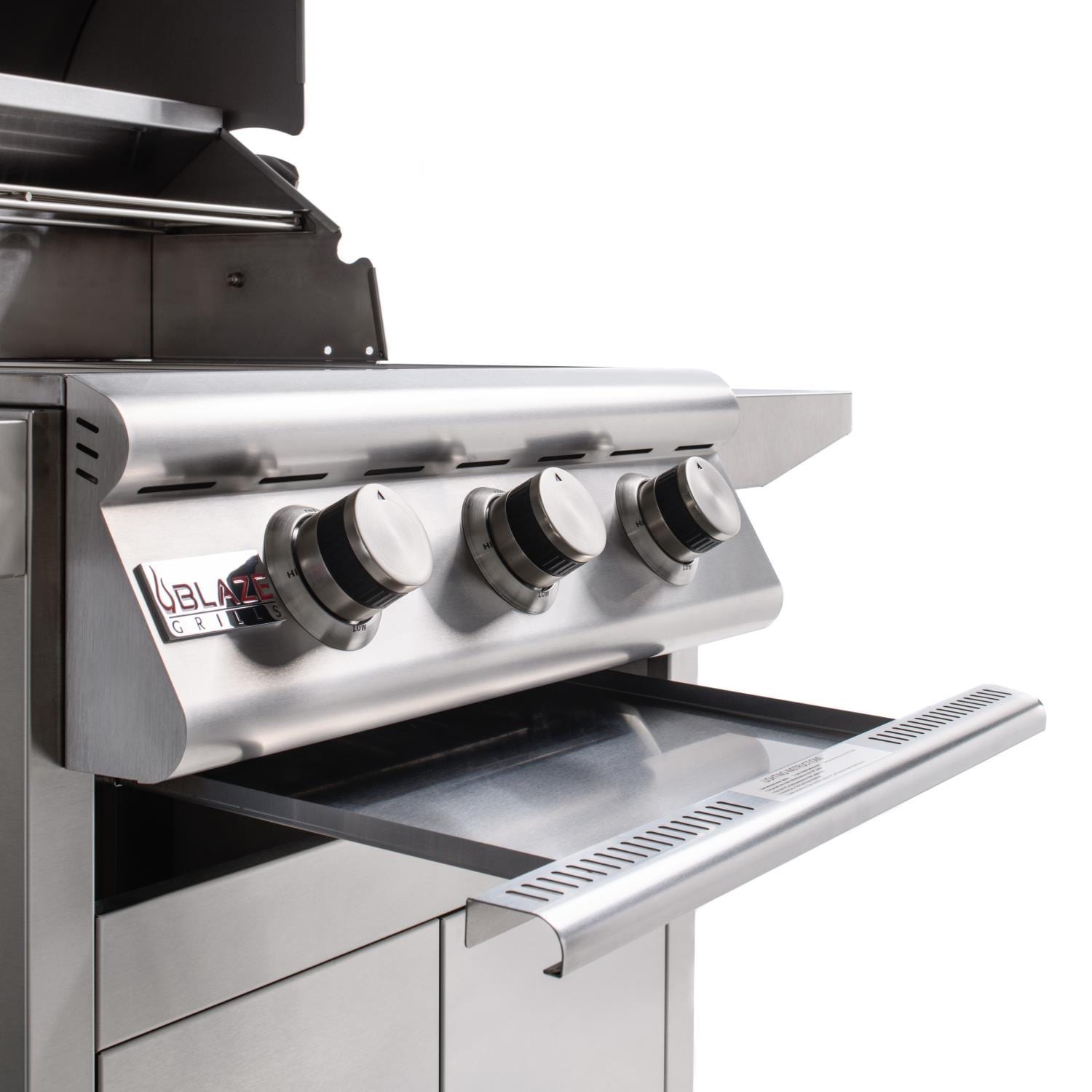 3-burner freestanding propane gas grill control panel with three knobs and Blaze logo