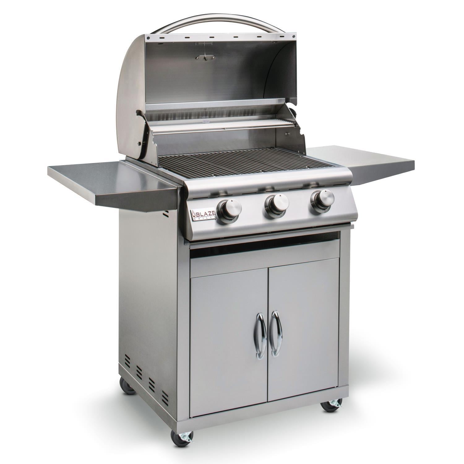 Freestanding stainless steel 3-burner propane gas grill with side shelves and front knobs