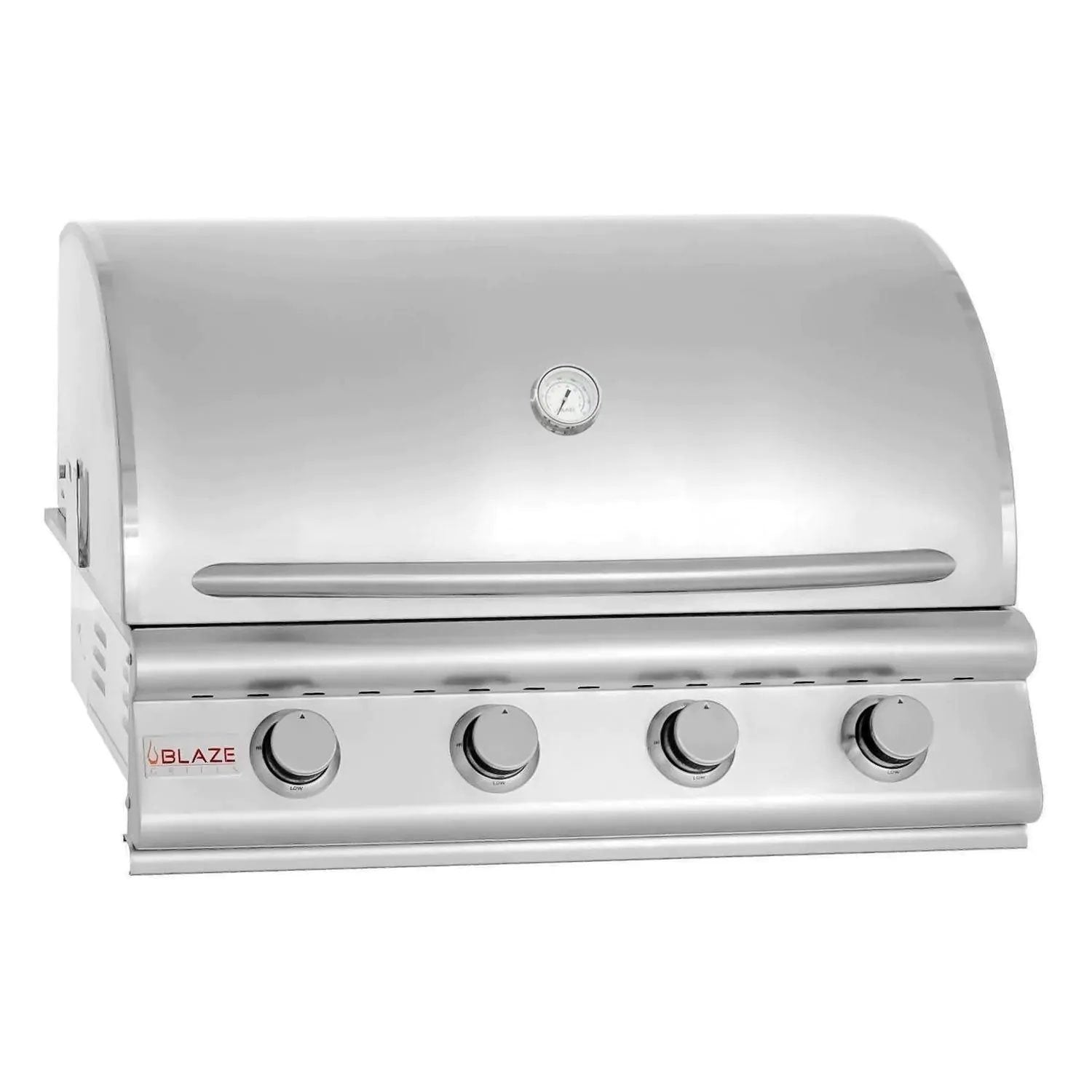 Stainless steel 4-burner grill with lid, four control knobs, and side handle