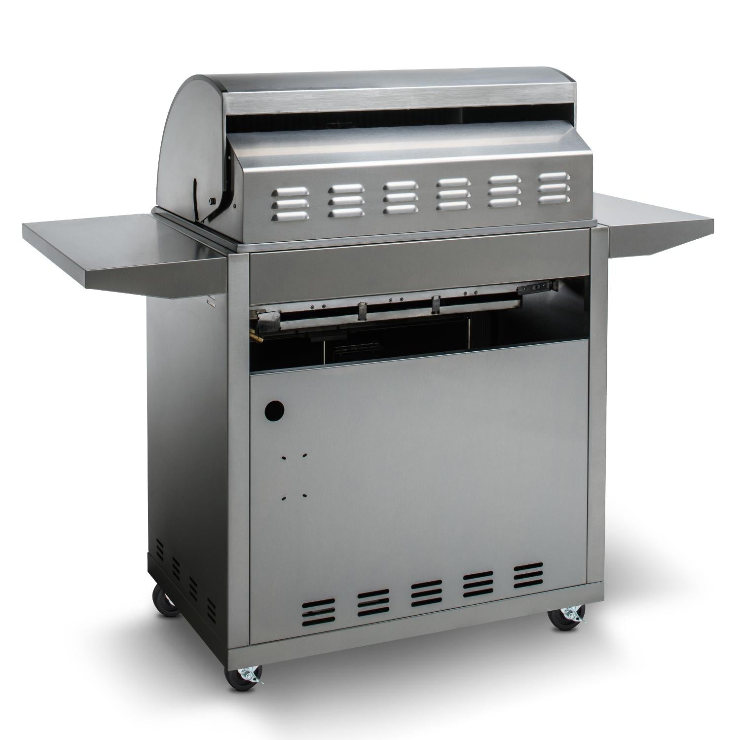 Freestanding stainless steel propane gas grill with side shelves and control knobs