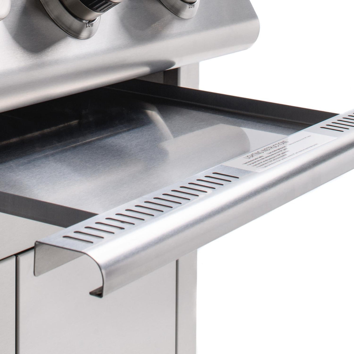 Open stainless steel grill with front heat shield and vented panel