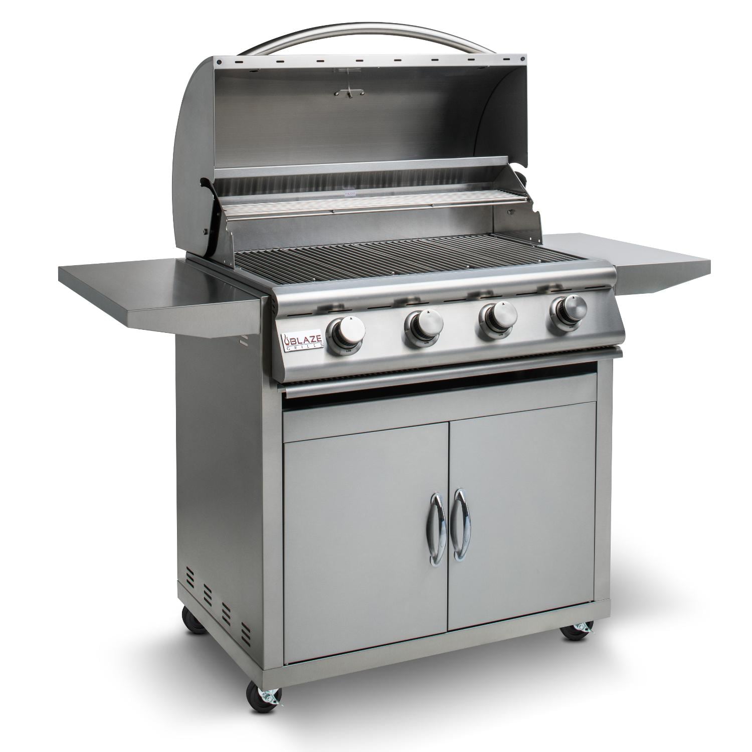 Open stainless steel 4-burner grill with cooking grates and side shelves
