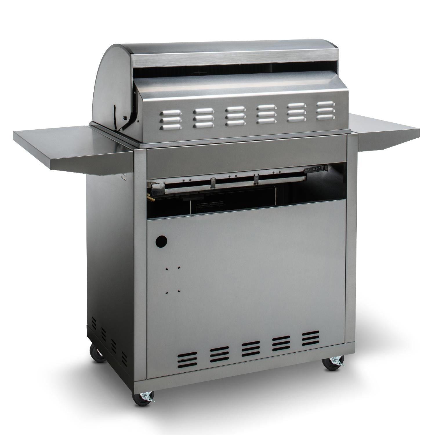 Stainless steel 4-burner gas grill with rear vented panel and side heat shield