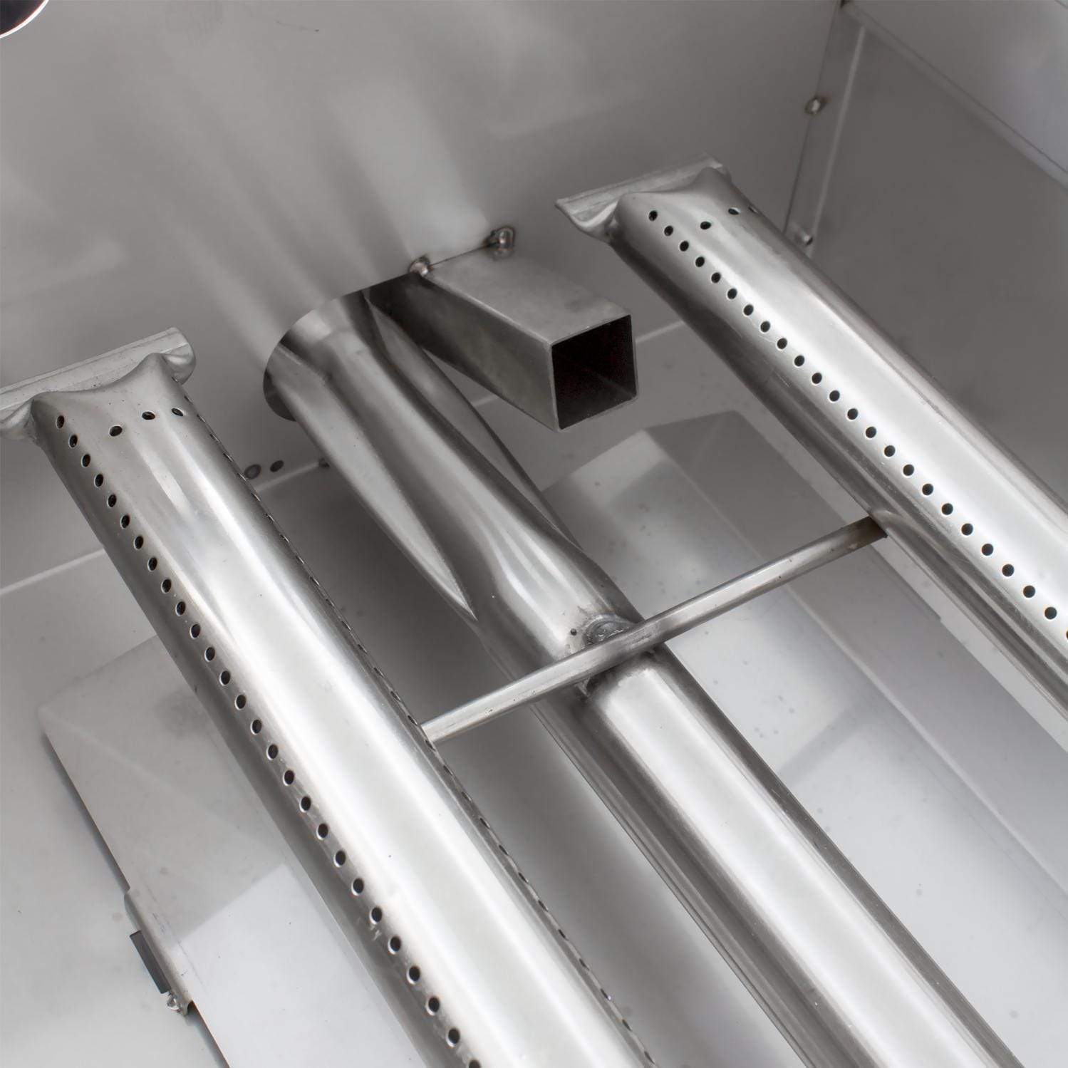 Stainless steel grill burners with perforated covers and center support bar