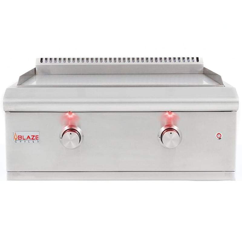 Stainless steel Blaze Grills griddle with illuminated burner lights and two control knobs